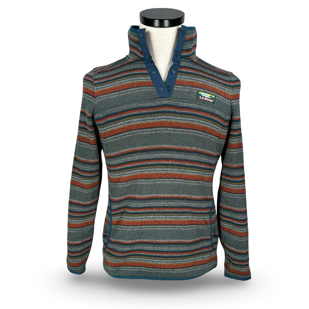 LL Bean Fleece Sweater Womens XS Multicolor Striped 1/4 Front Snap Pullover